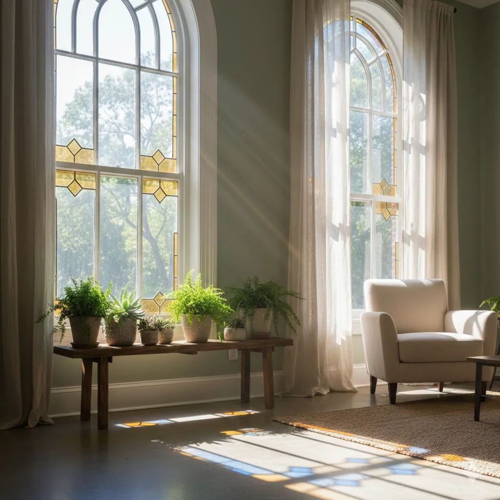 Natural light streaming through styled windows